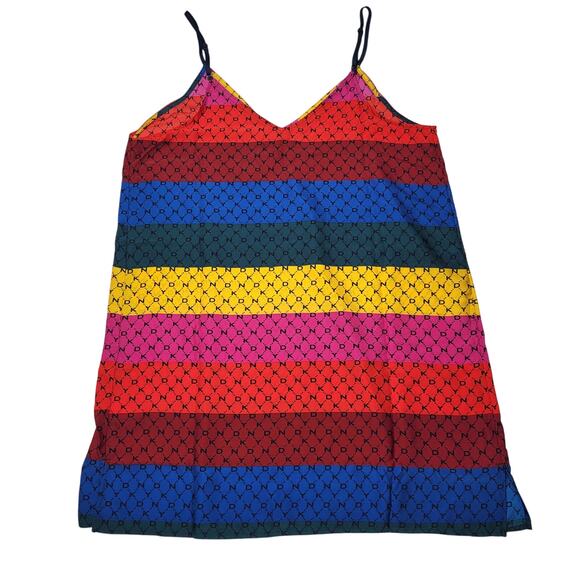 DKNY Rainbow Stripe Logo Tank Mini Dress Spaghetti Strap Red Yellow Pink Large - Picture 2 of 10